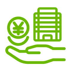 手の上にお金、ビルがあるアイコン